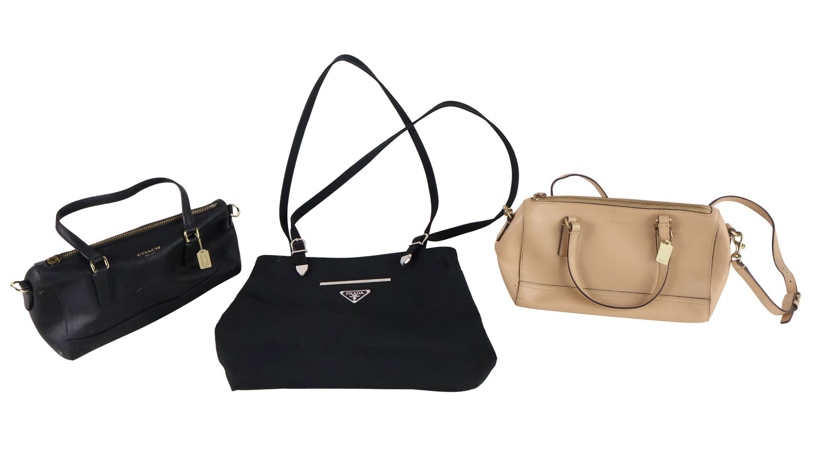 Two Coach Bags: Two Coach BagsOne cross body and one shoulder. Together with a black Prada shoulder bag. 3 pieces11 x 13 1/2 in. (27.9 x 34.3 cm.)