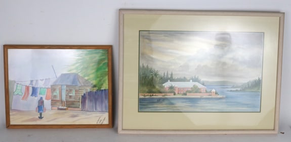 Two Framed Watercolors Depicting Beach Scenes
