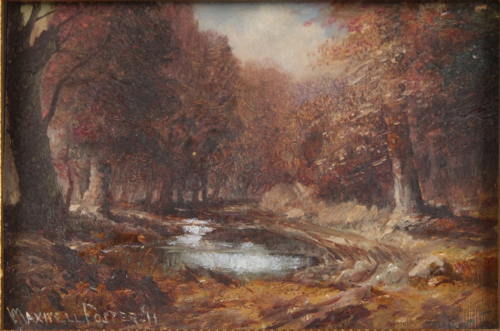 Maxwell Foster, Autumnal Riverscape, Oil on Boards: Maxwell Foster Autumnal Riverscape Oil on Boards Signed l.l. in a shadowbox frame. Sight: 3 1/2 x 5 in. (8.9 x 12.7 cm.), Frame: 11 1/4 x 13 1/2 x 3 1/2 in. (28.6 x 34.3 x 8.9 cm.)