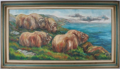 Large Oil on Canvas of Yaks on Coastline