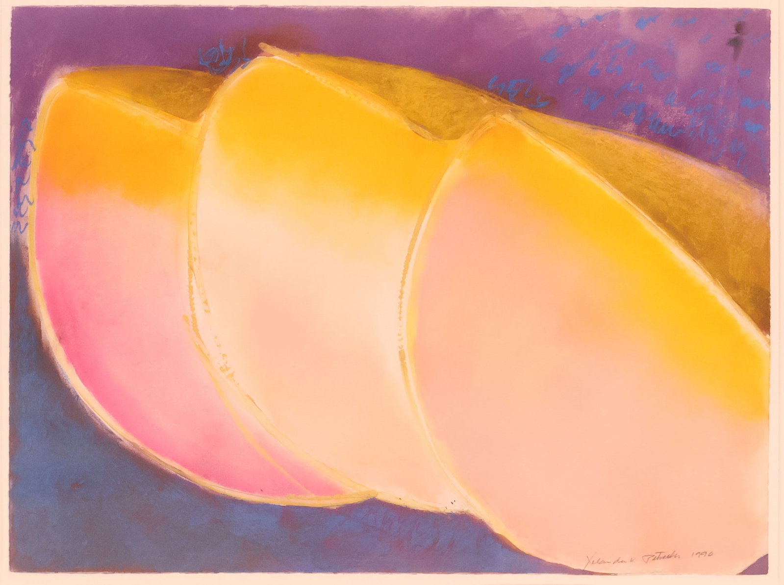 Abstract In Yellow, Pink & Blue, Pastel: Abstract In Yellow, Pink & Blue Pastel Signed illegibly l.r. and dated 1990. Sight: 22 x 29 3/4 in. (55.9 x 75.6 cm.), Frame: 33 1/4 x 41 x 2 in. (84.5 x 104.1 x 5.1 cm.)