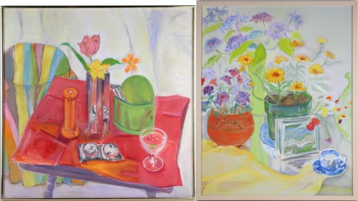 Still Life of Flowers and Teacup, Oil on Canvas