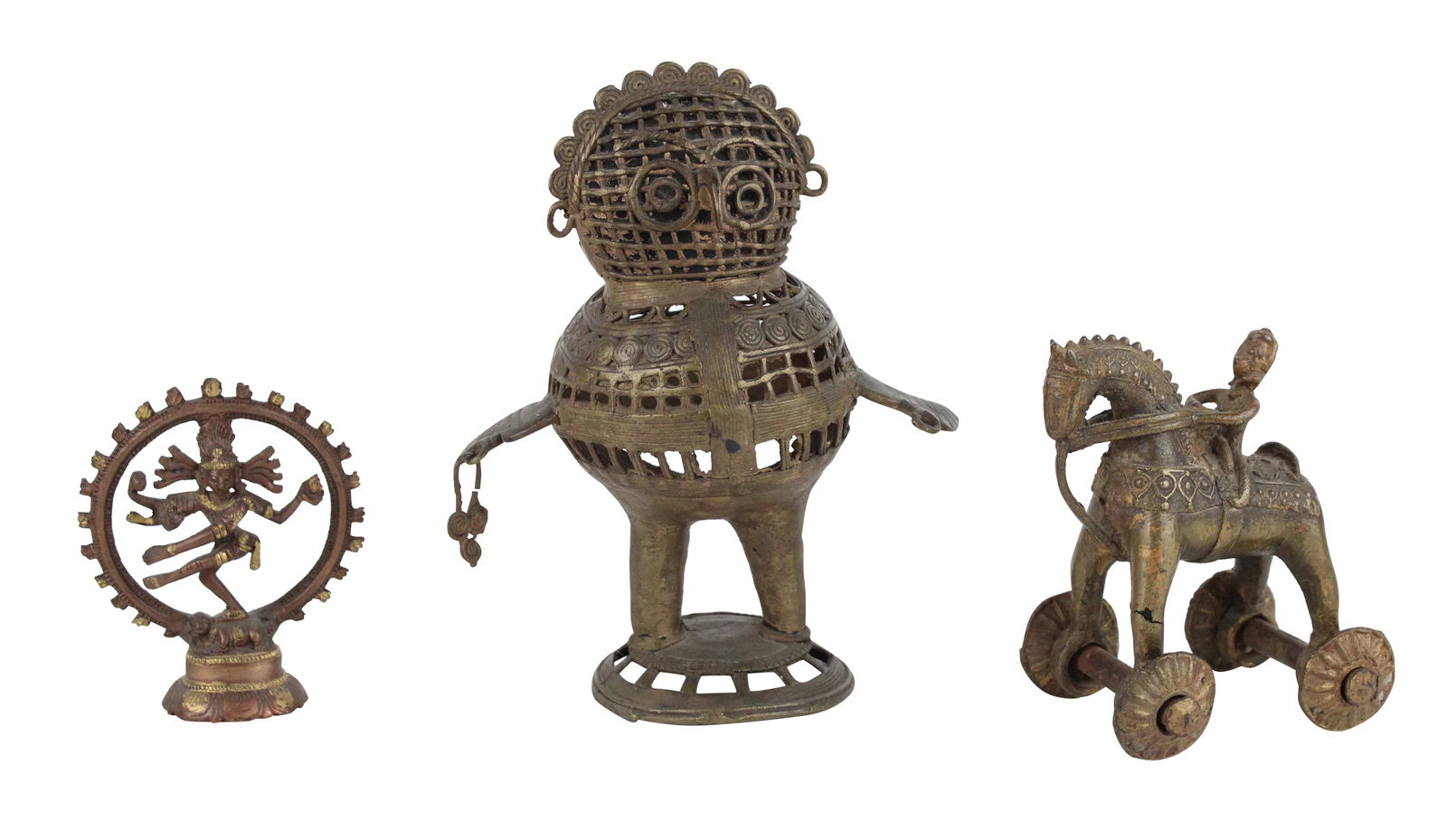 Three Bronze Decorative Objects: Three Bronze Decorative ObjectsIncluding, a Dhokra owl, a deity figure, and a man riding a horse.8 x 6 1/2 x 6 in. (20.3 x 16.5 x 15.2 cm.)