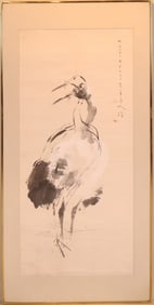 Chinese Framed Watercolor Scroll of a Crane