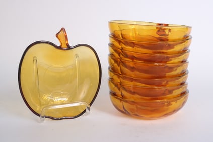 Eight Hazel-Atlas "Orchard" Amber Apple Glass Dishes