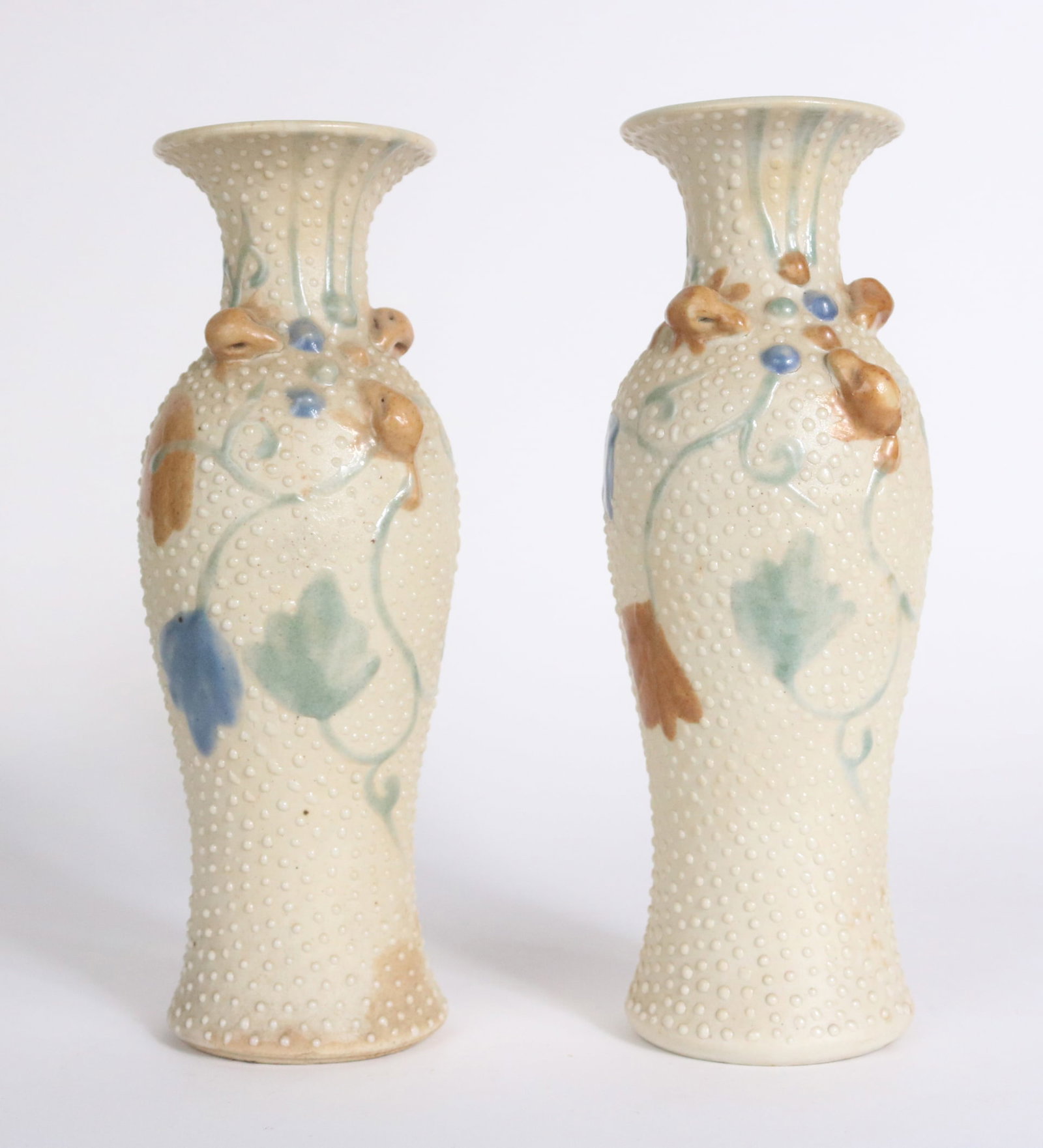 Pair of Floral Decorated Vases: Pair of Floral Decorated Vases Unmarked. 9 x 3 x 3 in. (22.9 x 7.6 x 7.6 cm.)