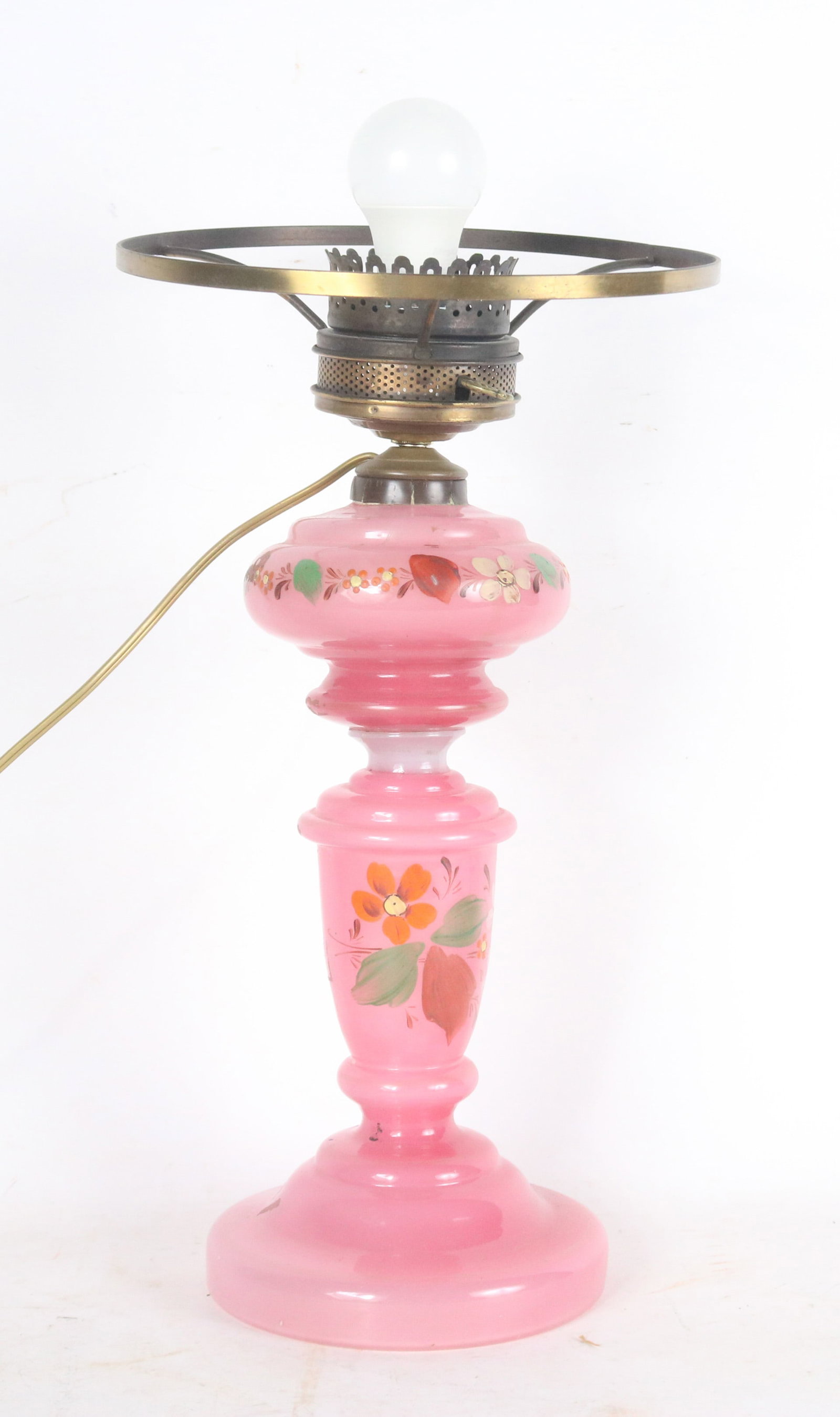 Pink Floral Decorated Glass Lamp: Pink Floral Decorated Glass Lamp Brass fixture 18 x 7 1/2 x 7 1/2 in. (45.7 x 19.1 x 19.1 cm.)