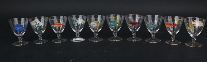Eleven Nautical Themed Colorless Glass Cups
