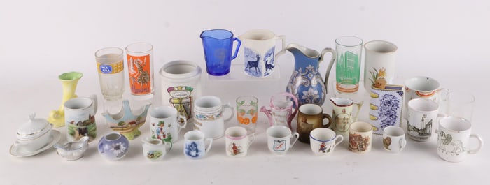 Large Group of Porcelain and Glass Cups and Pitchers