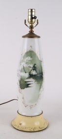 White Porcelain Lamp with Windmill Scene Imagery