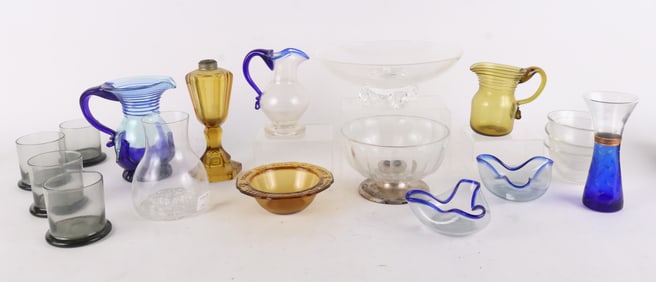 Group of Colored and Colorless Glass Pitchers, Bowls, Cups
