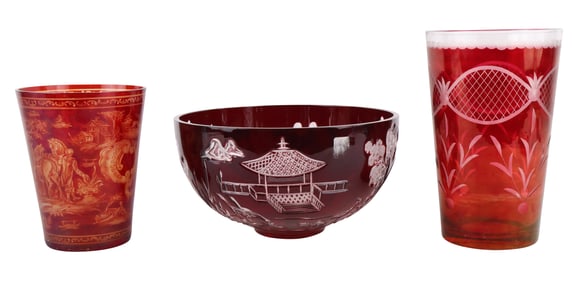 Three Cranberry Cut to Clear Glass Table Articles