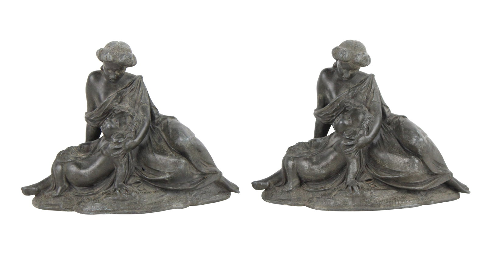 Pair of Patinated Metal Victorian Bookends: Pair of Patinated Metal Victorian Bookends Depicting a mother and child. 5 x 7 x 3 in. (12.7 x 17.8 x 7.6 cm.)