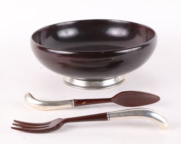 George Jensen Wooden Bowl with Metal-Handle Wooden Spoon and Fork
