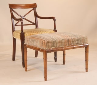 Regency Style Armchair and Bamboo-Turned Stool