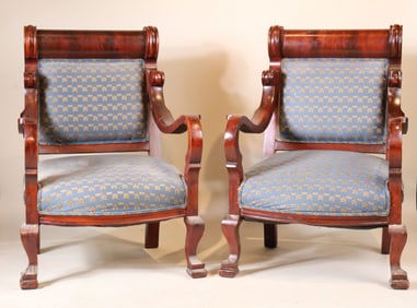 Pair of Empire Rolled Arm Upholstered Chairs
