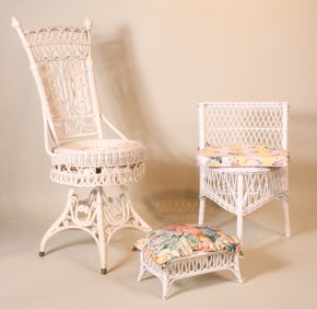 Two White Painted Wicker Chairs and a White Painted Wicker Stool