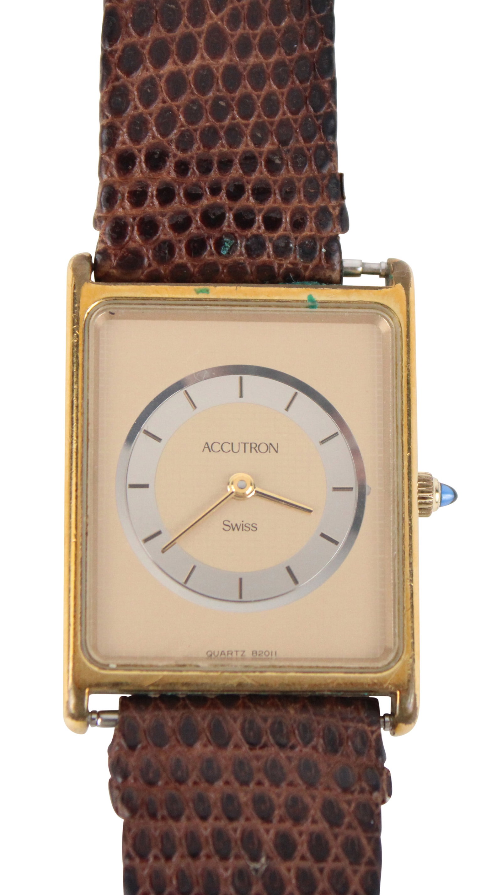 Vintage Slim Accutron Swiss Gold Tone Watch: Vintage Slim Accutron Swiss Gold Tone Watch Vintage Slim Accutron Swiss Gold Tone Watch in overall good condition. Currently not running and would require a new battery. On aftermarket brown leather b