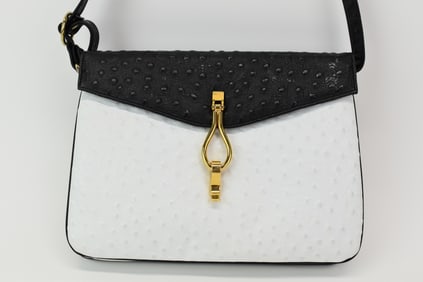 Vintage Robert Bestien Black and White Ostrich Print Handbag