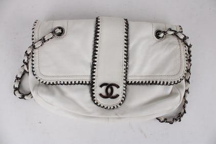 Chanel Style Madison Flap White Leather Shoulder Bag