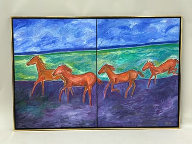 Large Acrylic on Canvas of Horses Running Shoreside