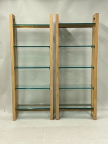 Pair of Modern 5 Tier Ashwood and Glass Shelves