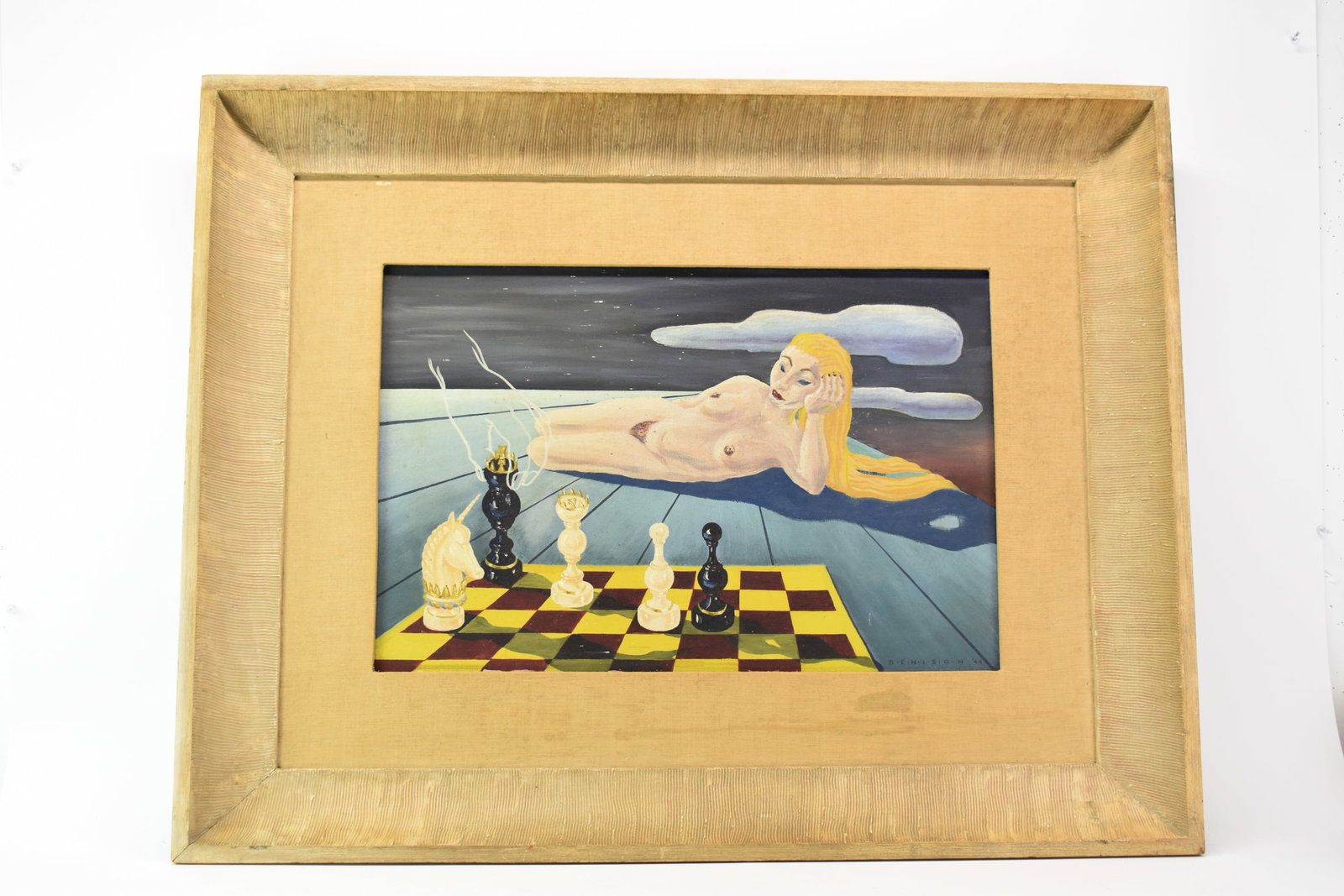 Oil on Canvas of Figural Nude Chess Board: Oil on Canvas of Figural Nude Chess Board Oil on Canvas of Figural Nude of Woman in front of chess board. Signed lower right Denison '44. Used condition, wear, worn, framed size 29 1/2" x 37 1/2&