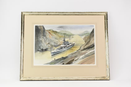 Ian Marshall Watercolor of HMS Raleigh Panama Canal 1922