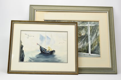 Vintage Watercolor on Paper of Fisherman and His Boat