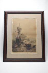 Vintage Framed Sailing Print of Ship in Harbor
