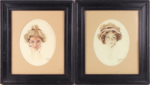Chas Cullen, Portraits of Women, Watercolors on Paper