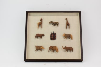 Shadowbox of Small Wood Carved African Animals