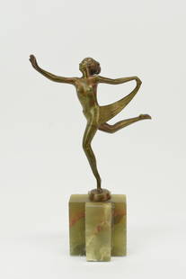 Josef Lorenzl Art Deco Bronze of Female Dancer on Onyx Base: Josef Lorenzl Art Deco Bronze of Female Dancer on Onyx BaseJosef Lorenzl Art Deco Bronze of Female Dancer on Onyx Base, signed "LAURENZL" on bronze base; used condition, wear/worn, surface distress, b