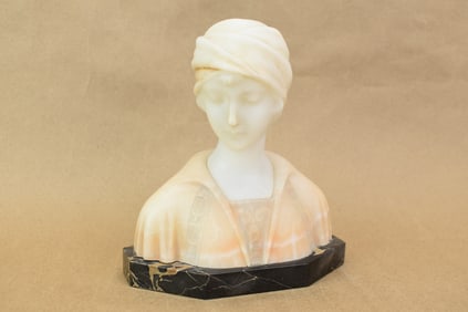Signed Marble and Onyx Bust of Young Woman