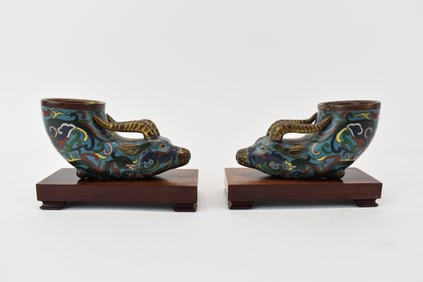Pair of Asian Cloisonne Ox Head Libation Cups