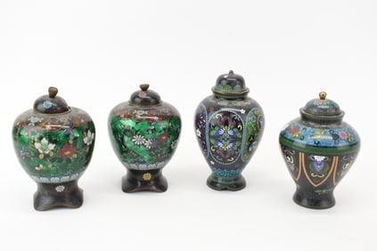 Pair of Asian Cloisonne Diminutive Covered Urns