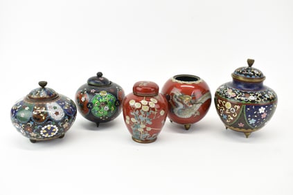Group of Four Assorted Asian Cloisonne Diminutive Covered Urns