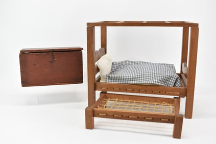 Antique Four Poster Doll Bed with Trundle and Blanket Chest