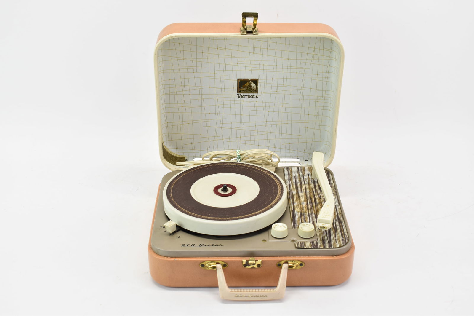 Vintage RCA Victor Victrola Record Player: Vintage RCA Victor Victrola Record PlayerVintage RCA Victor Victrola Record Player. 1950's portable, plug in, suitcase style. Used condition, wear, worn, unknown working condition. Measures 12 1/2 x 1