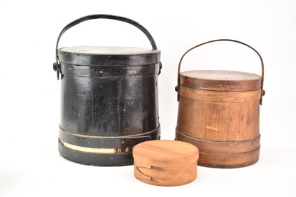 Two Wooden Firkins and Shaker Style Box
