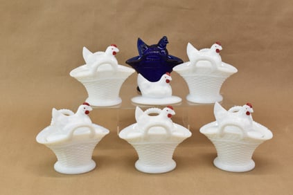Vintage Group of Five Westmoreland Milk Glass Hens on Nests