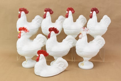 Vintage Group of Seven Westmoreland Milk Glass Footed Roosters