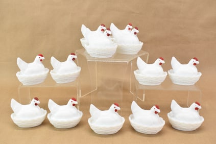 Vintage Group of Thirteen Westmoreland Hens on Nests
