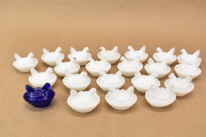 Vintage Group of Twenty Salt Cellars Glass Hens on Basket Weave Nests