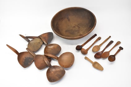 Group of 15 Assorted Antique Scoops and Wooden Bowl