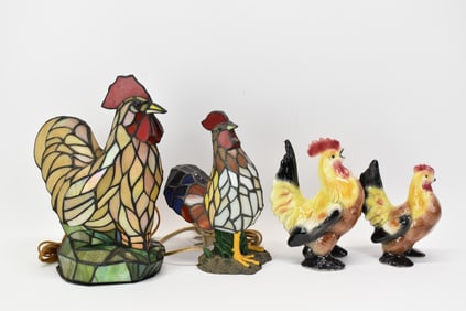 Two Vintage Faux Stain Glass Rooster Lamps