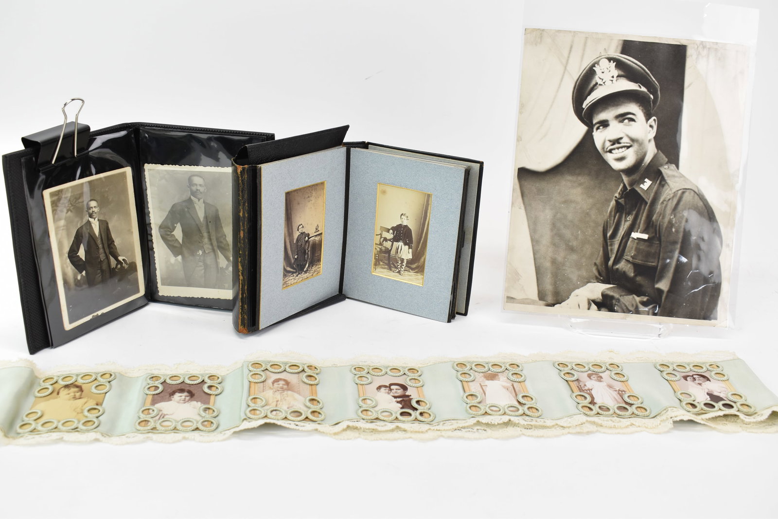 Vintage Group of Assorted Photo Albums: Vintage Group of Assorted Photo Albums Vintage Group of Assorted Photo Albums. Including Handmade Lace Photo Album, Victorian Fold Out Photograph Album and a Photo album featuring men, women, and chil