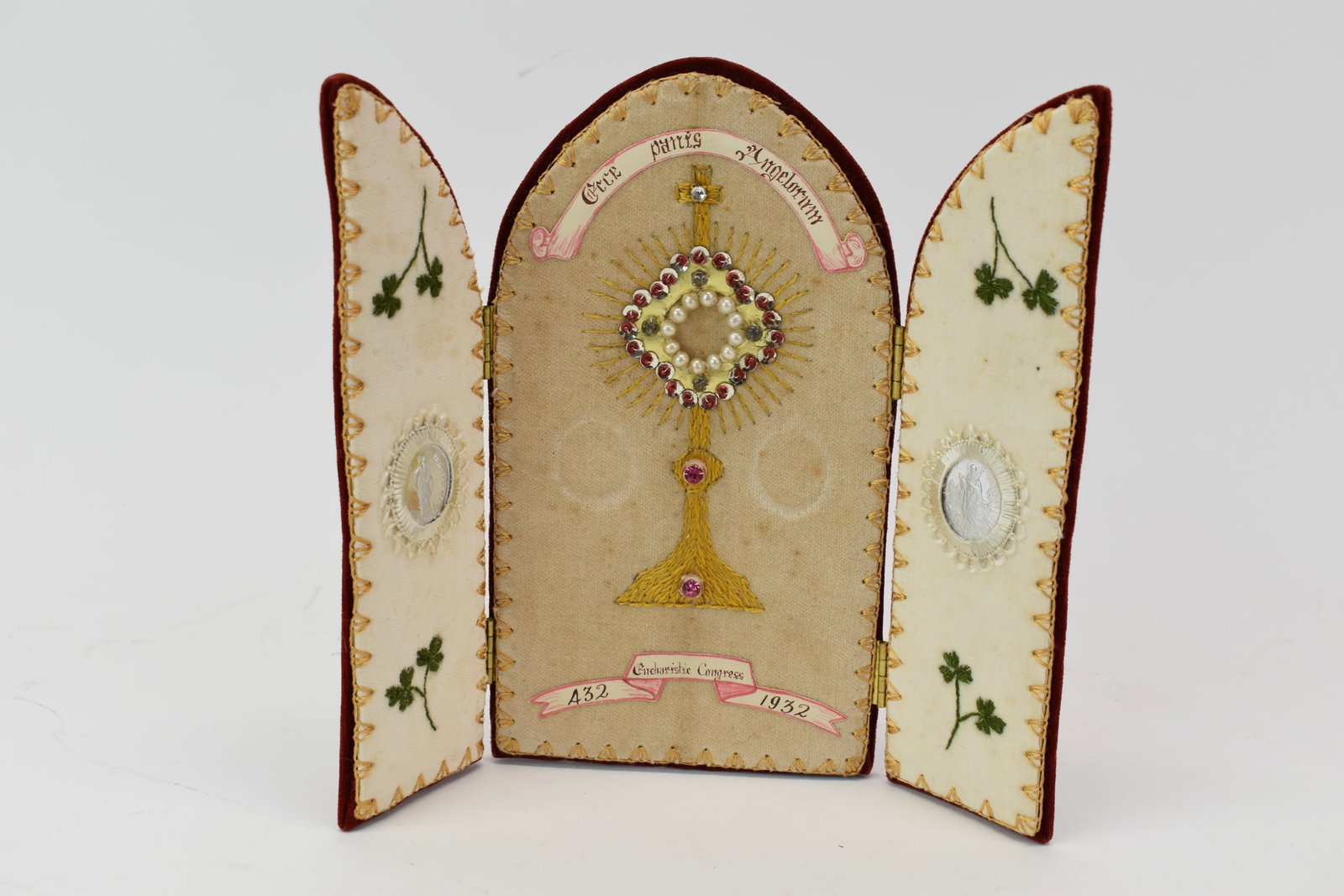 Vintage Irish Eucharistic Congress Shrine: Vintage Irish Eucharistic Congress Shrine Nun's Work Hand Embroidered Triptych with Representative Monstrance Hand-crafted, embroidered silk and velvet representative monstrance was made by an Irish n
