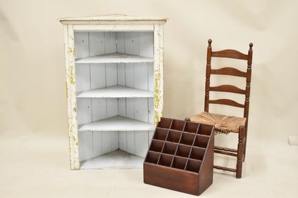 Vintage White and Blue Painted Corner Cupboard