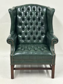 Green Leather Tufted Wing Chair and Ottoman